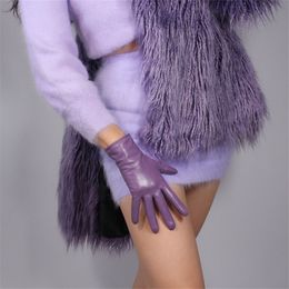 Fingerless Gloves Touchscreen Genuine Leather Gloves 25cm Short Style Pure Imported Goatskin Black Female Plush Lining Lavender Light Purple WZP13 221203