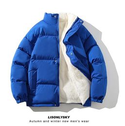 Men's fashion Plush Thickened Cotton warmth jackets Stand up Collar Loose oversized Solid Color Warm Keeping Casual bread style blue pluz size young Coat