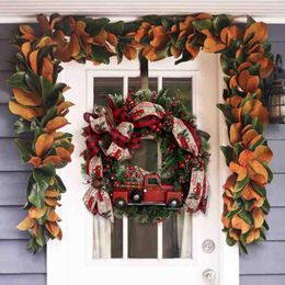 Decorative Flowers Red Truck Retro Christmas Wreath Bow With Xmas Welcome Sign Festive And Berry Front Door Navidad #40