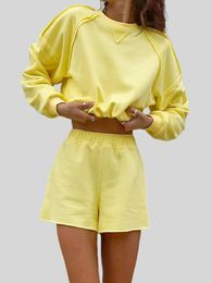 Women's Tracksuits Yellow Solid Casual Loose Fit 2 Pcs Set Outfits For Women O-Neck Pullover Athleisure Fashion Tracksuit Short Pants