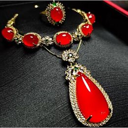 Natural Red Jade Emerald Carnelian Flowers Pendant Necklace Bracelet Ring