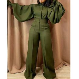 Womens Jumpsuits for Ladies Women Full Lantern Sleeve Turn Down Collar Fashion Loose Elegant Long Rompers Summer Autumn