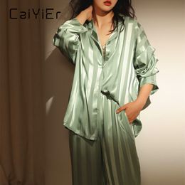 home clothing CAIYIER Big Size M5XL Women Nightwear Grid Stripe Luxury Ice Silk Pyjamas Set Long Sleeve Soft Sleepwear Female Winter Homewear 221202