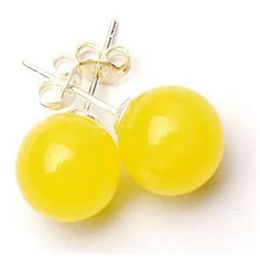 Pretty 10mm Yellow Jade Gem Round Bead 925 Silver Stud Earrings