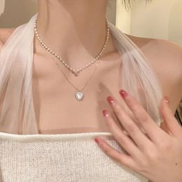 2022 New Fashion Crystal Pearl Heart Necklace Cute Double Layer Clavicle Chain Pendant Necklace For Women Jewellery Girl Gift