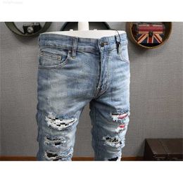 Men's Jeans Patches Detail Biker Fit Men Slim Motorcycle for Mens Vintage Distressed Denim Jean Pantsm955ps1p