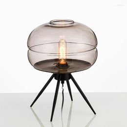 Table Lamps Nordic Simple Iron Smoke Grey Blue Amber Glass Lighting LED Living Room Decoration Bedroom Bedside Desk Lights