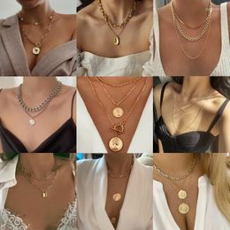 Choker Chokers Bohemian Multi-layered Portrait Coin Necklace For Women Gold Geometric Round Lock Pendant Necklaces Sweater JewelryChokers