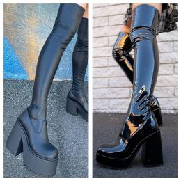 Women Thigh High Boots Glisten Patent Leather High Platform Over Knee Boots Sexy Solid Color High Heels Shoes Women's