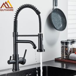 Kitchen Faucets Matte Black Filtered Water Tap Purifier Dual Sprayer Drinking 360 Rotation Purification Mixer 221203