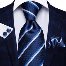 Bow Ties Blue White Striped Silk Wedding Tie For Men Handky Cufflink Gift Necktie Set Fashion Design Business Party DropshipingHi-Tie