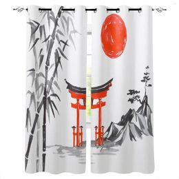 Curtain Watercolour Painting Sun Building Mountain Bamboo Culture Curtains Drapes For Living Room Bedroom Kitchen Blinds Window