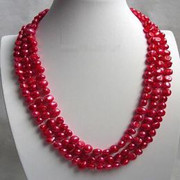 fashion Jewelry Genuine baroque 3row red freshwater pearls necklace 17-19"