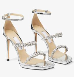 Marcas elegantes Sandálias Bing Sapatos femininos com tiras de cristal salto agulha bico quadrado design senhora sandalias vestido de noiva para festa EU35-43