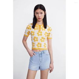 Women's T Shirts 2022 Women's Summer Flower Wavy Knitted T-shirt Fashion Sweet Lapel Short-sleeved Age-reducing Temperament Short Top