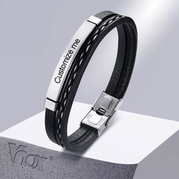 Multi Layer Leather Bracelets for Men Women Customizable Engraving Stainless Steel Casual Personalised Bangle 21cm