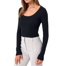 Women Shirts Scoop Neck Solid Basic Ribbed Knit Blouses Long Sleeve T Shirt Sexy Crop Top