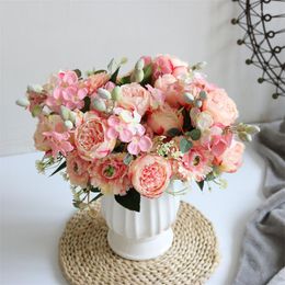 Decorative Flowers 30cm Rose Pink Silk Bouquet Peony Artificial 5 Big Heads Berry Combination DIY Wedding Home Decoration Fake Faux