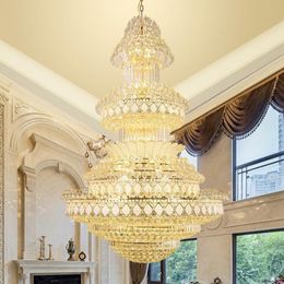 American Large Crystal Chandeliers Lights Fixture LED Modern Big Long Chandelier European Luxury Art Deco Droplight Stairway Home Indoor Lighting Decoration