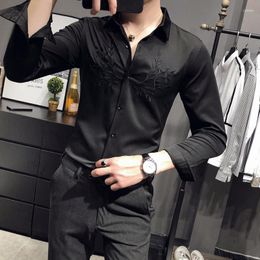 Men's Casual Shirts Leaf Embroidery Fashion Long Sleeve Tuxedo Business Dress Men Clothing 2022 Simple Slim Fit Prom/Club Blouse Homme