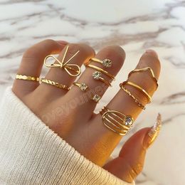 Gold Color Metal Rings for Women Crystal Bow Chain Geometric Parsimonious Finger Ring Fashion Jewelry Gifts