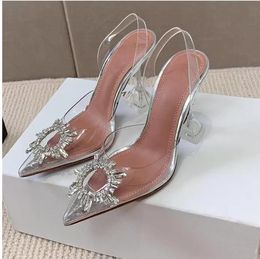 Fashion Designer Women Sandals Shining Sunflower Crystal Dress Shoes Cowhide Sole High heel Luxury and Beauty 9.5cm Party Slip on Womens Shoe size 35-41