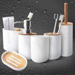 Bath Accessory Set Simple Household Room Supply Bamboo Soap Dish Gel Dispenser Toothbrush Holder Rack 5pcs/Pack Bathroom Accessories