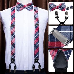 Bow Ties Purple For Men Suspenders Shirt Red Plaid Tie Hanky Set Woven Y-Back Silk Suspender No-slip Silver Clips Barry.WangBB-2004