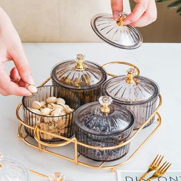 Storage Bottles Nordic Dried Fruit Plate Snack Dish Clear Round Grid Tray Iron Box With Lid Dessert Display