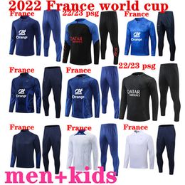 2023 Tuta da allenamento tuta francese Francia Maglia da Coppa del mondo di calcio BENZEMA MBAPPE equipe de Set completo kit per bambini Uomo 22/23 Francais Mezza trazione Manica lunga chandal futbol