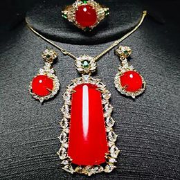 Natural Red Jade Necklace With Zircon Emerald Carnelian Dangle Pendan Earrings Rings Women Jades Jewellery Sets