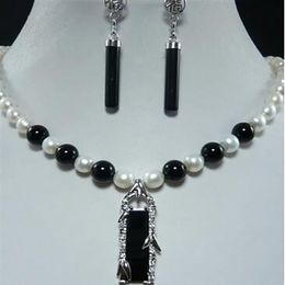 new Style 7-8MM White Akoya Pearl Black stone Pendant Necklace Earring Set