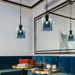 Pendant Lamps Nordic Amber/Gray/Blue Glass Lamp Bedroom Bedside Led Chandelier Light For Dining Room Bar Pub Restaurant Lighting