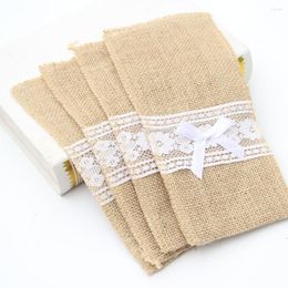 Gift Wrap 5pcs Natural Burlap Lace Silverware Bag Utensil Holder Cutlery Pouch Hessian Knife Fork Tableware Bags For Wedding Party Decor