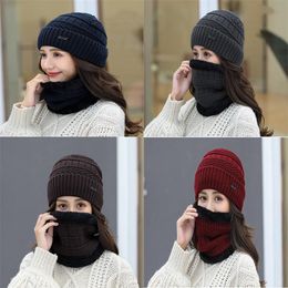 Two-Piece Set Fashion Women Knitted Hat Scarf Caps Neck Warmer Winter Hats For Men Women Skullies Beanies Warm Fleece Cap DE902