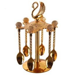 Dinnerware Sets 6pcs Gold Alloy Spoon Display Stand Kitchen Dessert Coffee Mixing Tableware Spoon Holder Swan Storage Box Wedding Gift Decorate 221203