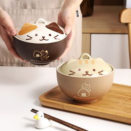 Bowl 550ml Cartoon Cat Ceramic Instant Noodle With Lid Underglaze Colour Soup Salad Kitchen Office Student Lunch Box 221206