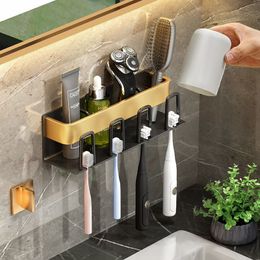 Toothbrush Holders Space Aluminium electric toothbrush rack gun Grey storage rack toilet hole free wall mounted mouthwash cup tooth cup holder 221205