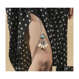 Belly Chains Bohemian Natural Green Stone Shell Pendants Leg Belly Chains For Women Double Layer Sier Colour Metal Chain Thigh Body J Dhrhd