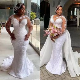 Luxurious Pearls Beading Mermaid Wedding Dresses Long Sleeves Jewel Neck African White Satin Bridal Gowns With Detachable Train Overskirts 2023 Vestido De Novia
