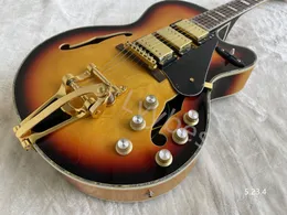 Electric Guitar Thick Hollow Body Jazz Tobacco Burst Colourful Binding HHH Pickpus Gold long Tail Bigsby 6 Pots