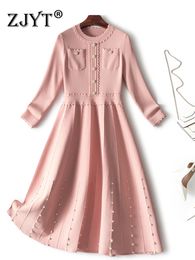 Autumn Winter Beading Knitted Sweater Dresses for Women 2022 Korean Fashion Long Sleeve Soid Aline Casual Vestidos Pink
