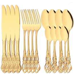 Dinnerware Sets Drmfiy 16Pcs Gold Set Vintage Stainless Steel Tableware Dinner Knife Fork Dessert Spoon Cutlery Kitchen Flatware