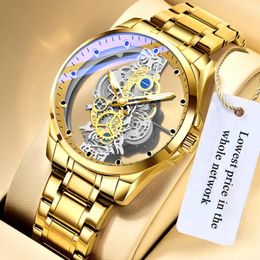 Authentic Skeleton Quartz Watch Stainless Steel Waterproof Men Watches Built-in Battery Drive Ransparent Luxury Original