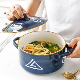 Bowls 1.1 1.4 1.8L Japanese Soup With Lid Ceramic Instant Noodle Handle Kitchen Fruit Salad Pasta Round Baking Pan 221203