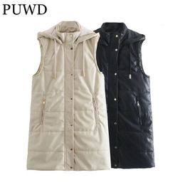 Womens Vests PUWD Casual Women Hooded Straight Autumn Fashion Ladies High Street Female Solid Colour Faux Leather Jacket 221205