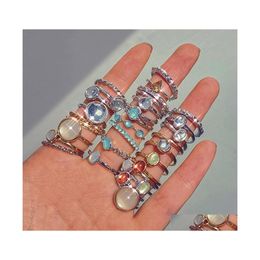 With Side Stones Korea With Side Stones Rings 8Pcs/Set Vintage Colorf Stone Metallic Chain Trendy Geometry Hit Ring Set For Women Gi Dhouy