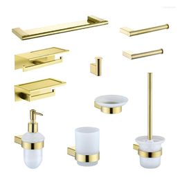 Bath Accessory Set Brushed Gold Bathroom Accessories 304 Stainless Steel Paper Holder Toilet Brush Storage Shelf Towel Bar Hanger Hook