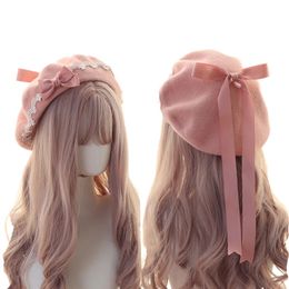 Berets Lolita Girls Cute Bowkont Beanie Women Casual Beret Hat Painter Unisex Artist Cap Dome Pink solid Colour decorate Wholesale 221205