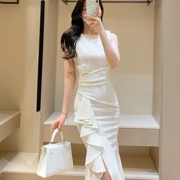 Party Dresses Summer Fashion Korean Style Sleeveless White Women Elegant Office Ladies Ruffle Solid Oneck Slim Fish Tail Long 221203